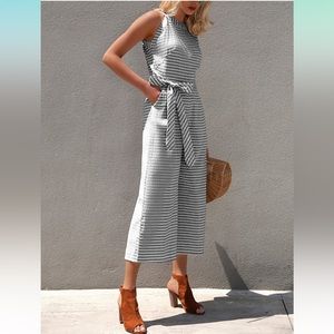 Gray White Striped Halter Cropped Wide Leg Jumpsuit